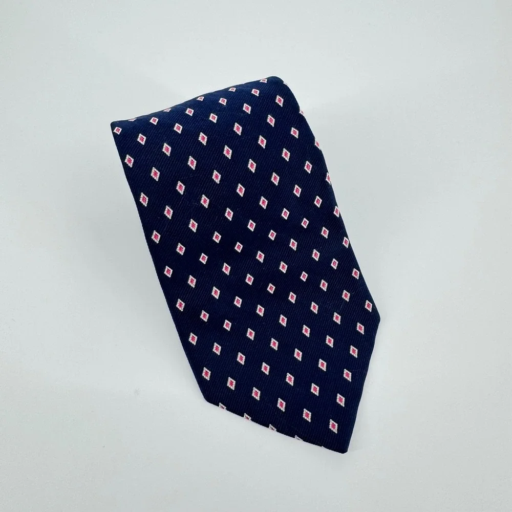 Polo Ralph Lauren Silk‎ Tie Navy Red White Diamond Pattern Handmade Italy Mens